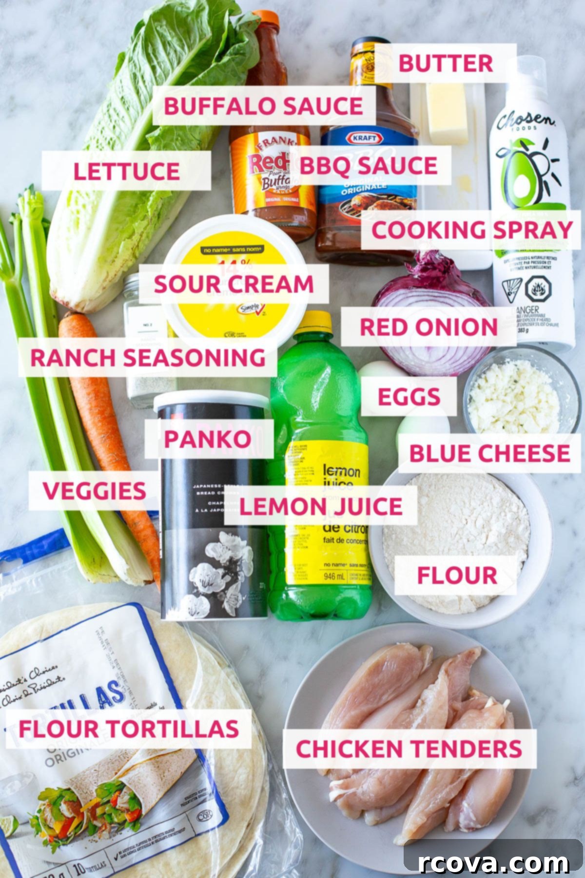 Ultimate Buffalo Chicken Wraps 4 Ingredients for making crunch buffalo chicken wraps: buffalo sauce, butter, BBQ sauce, lettuce, cooking spray, sour cream, ranch seasoning, red onions, eggs, panko, blue cheese, veggies, lemon juice, flour, flour tortillas, chicken tenders laid out on a table.