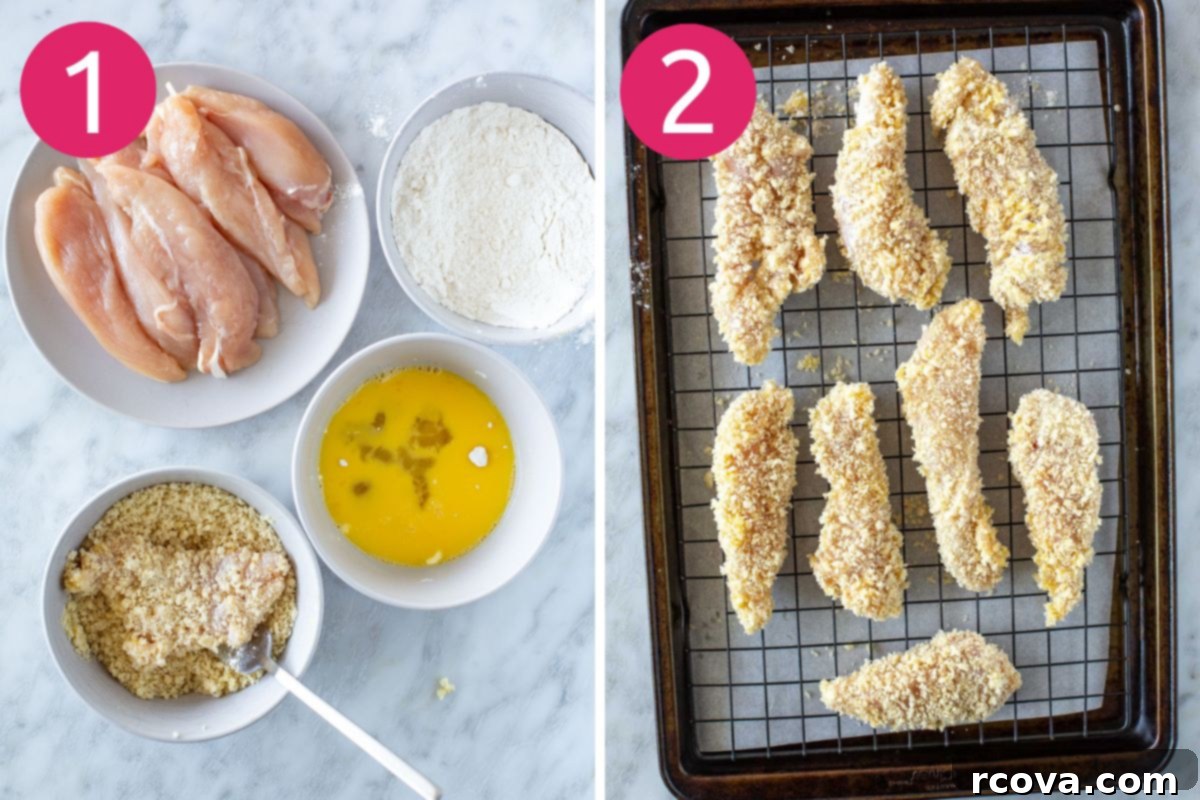 Ultimate Buffalo Chicken Wraps 5 Steps 1 and 2 for making crunchy buffalo chicken wraps: breading chicken and placing it on a baking rack.