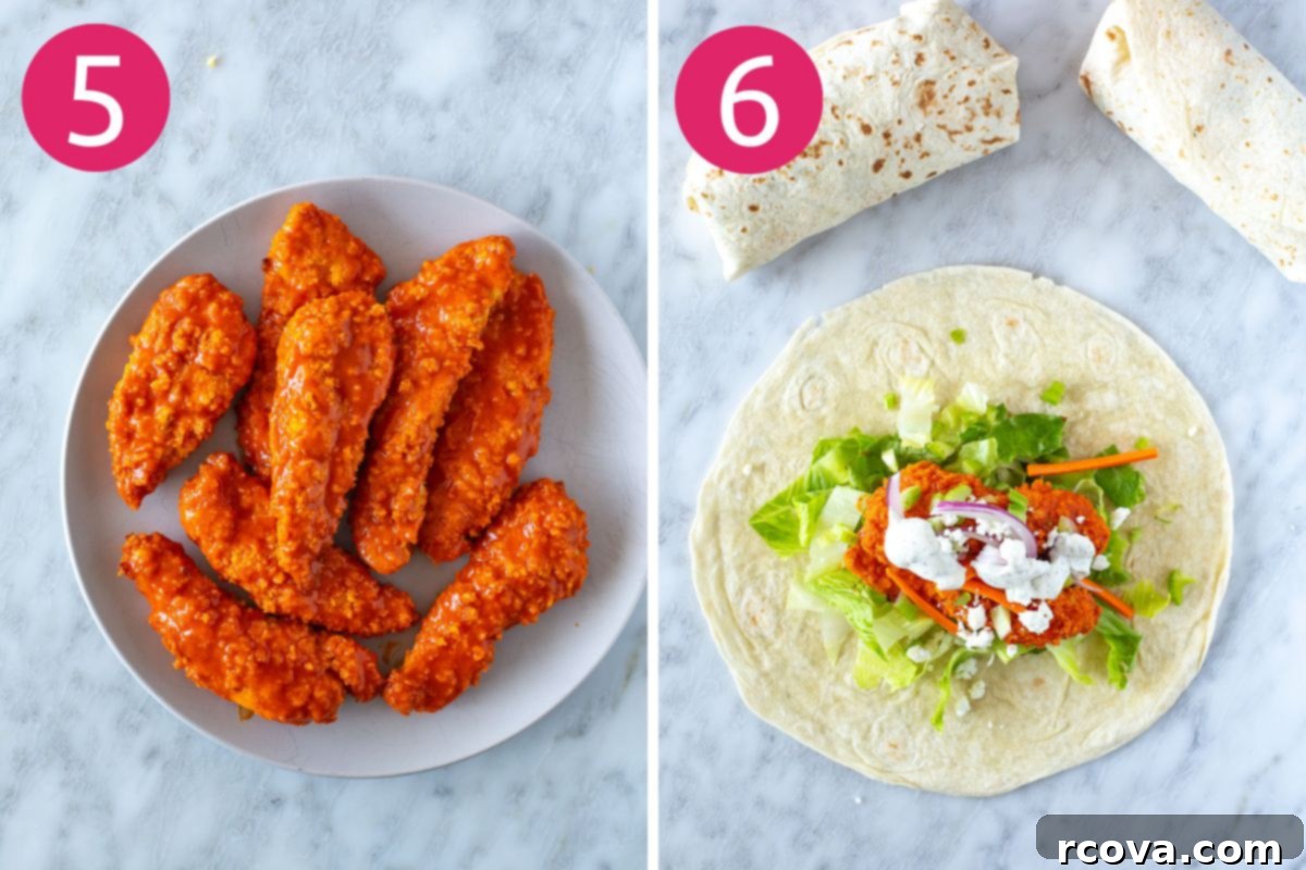 Ultimate Buffalo Chicken Wraps 7 Steps 5 and 6 for making crunchy buffalo chicken wraps: tossing chicken in sauce and assembling the wrap.