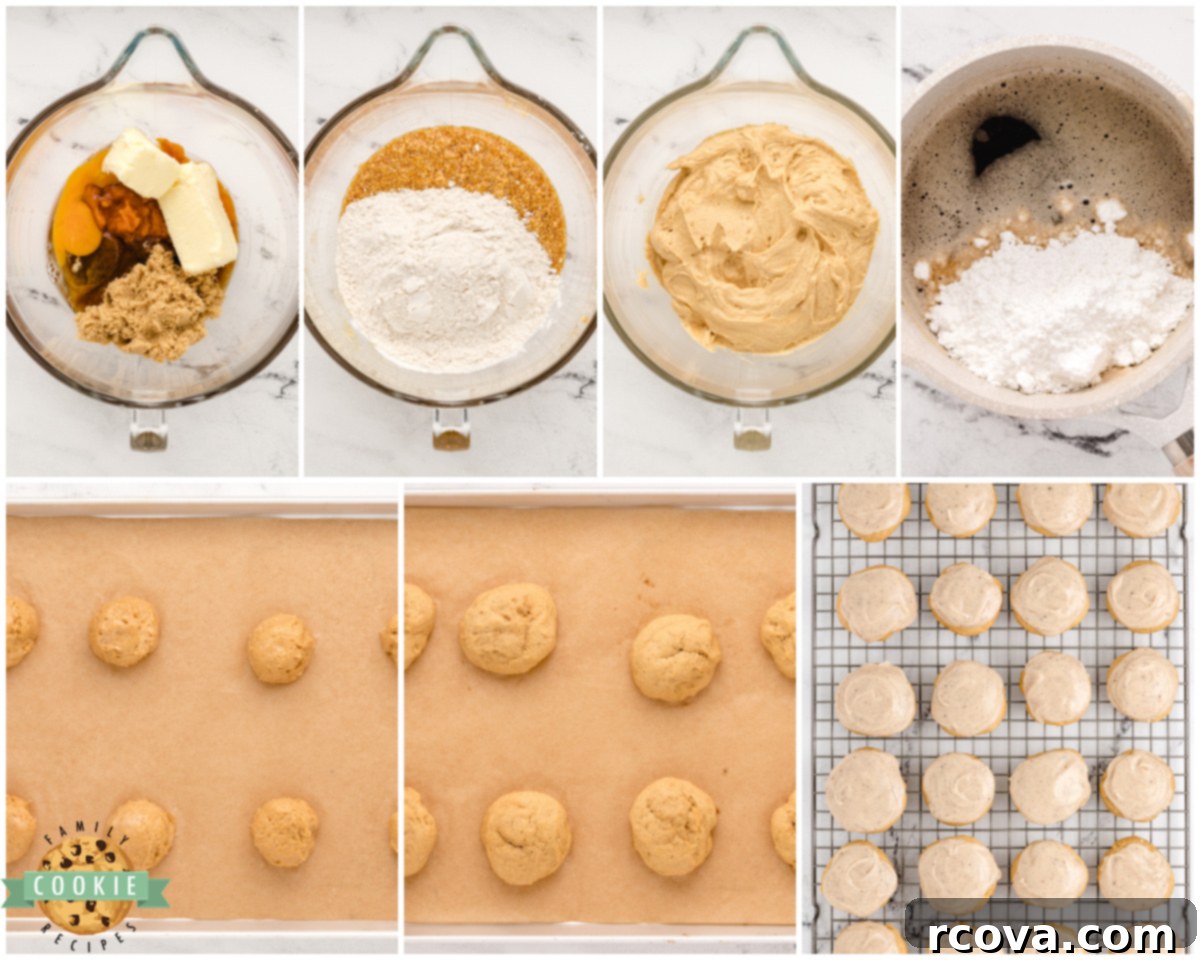 Spiced Frosted Pumpkin Ginger Cookies 5 A visual guide showing the step-by-step process of how to make frosted pumpkin ginger cookies, from dough preparation to baking.