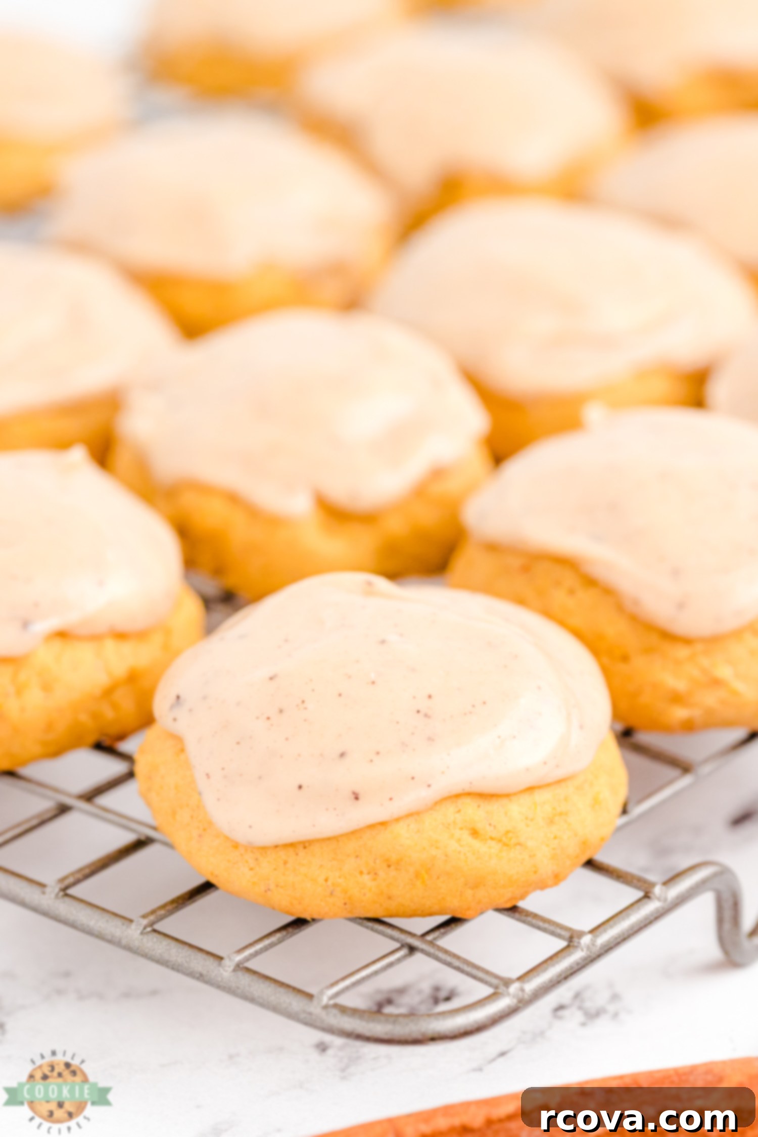 Spiced Frosted Pumpkin Ginger Cookies 8 A close-up of buttery soft pumpkin cookies, showcasing their inviting texture and rich fall colors.