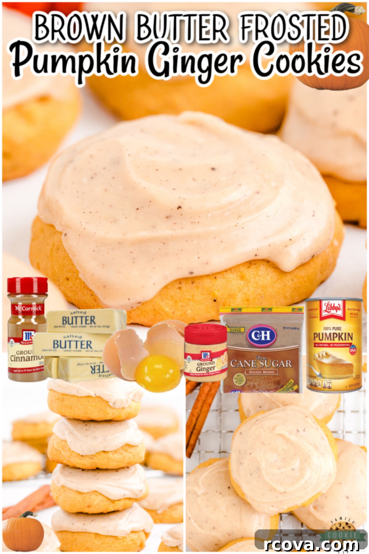 Spiced Frosted Pumpkin Ginger Cookies 9 A visually rich collage featuring Frosted Pumpkin Ginger Cookies, highlighting their spiced fall appeal and the delightful brown butter frosting. Perfect for sharing on social media.