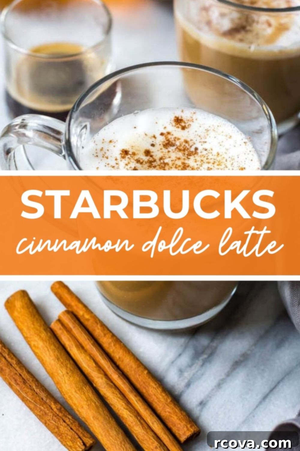 Cinnamon Dolce Latte Starbucks Copycat 9 Overhead shot of a cinnamon dolce latte with cinnamon sticks and a sprinkle of cinnamon powder, labeled 'Starbucks Cinnamon Dolce Latte'.