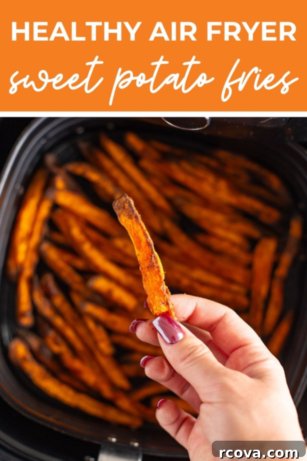 Guilt-Free Air Fryer Sweet Potato Gold 11 Hand holding sweet potato fries, with text that says 'Healthy Air Fryer Sweet Potato Fries'