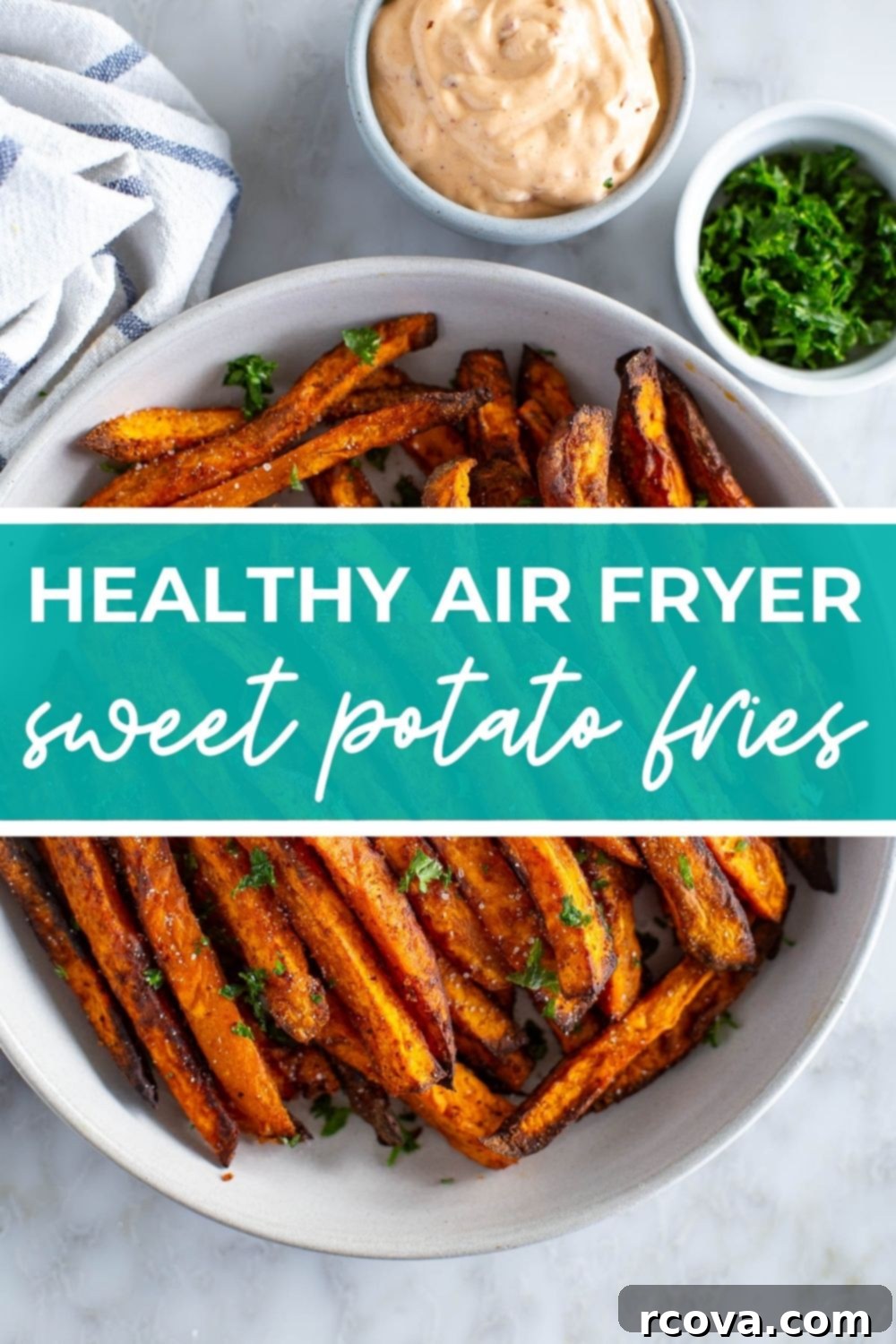 Guilt-Free Air Fryer Sweet Potato Gold 12 Bowl of sweet potato fries, with text that says 'Healthy Air Fryer Sweet Potato Fries'