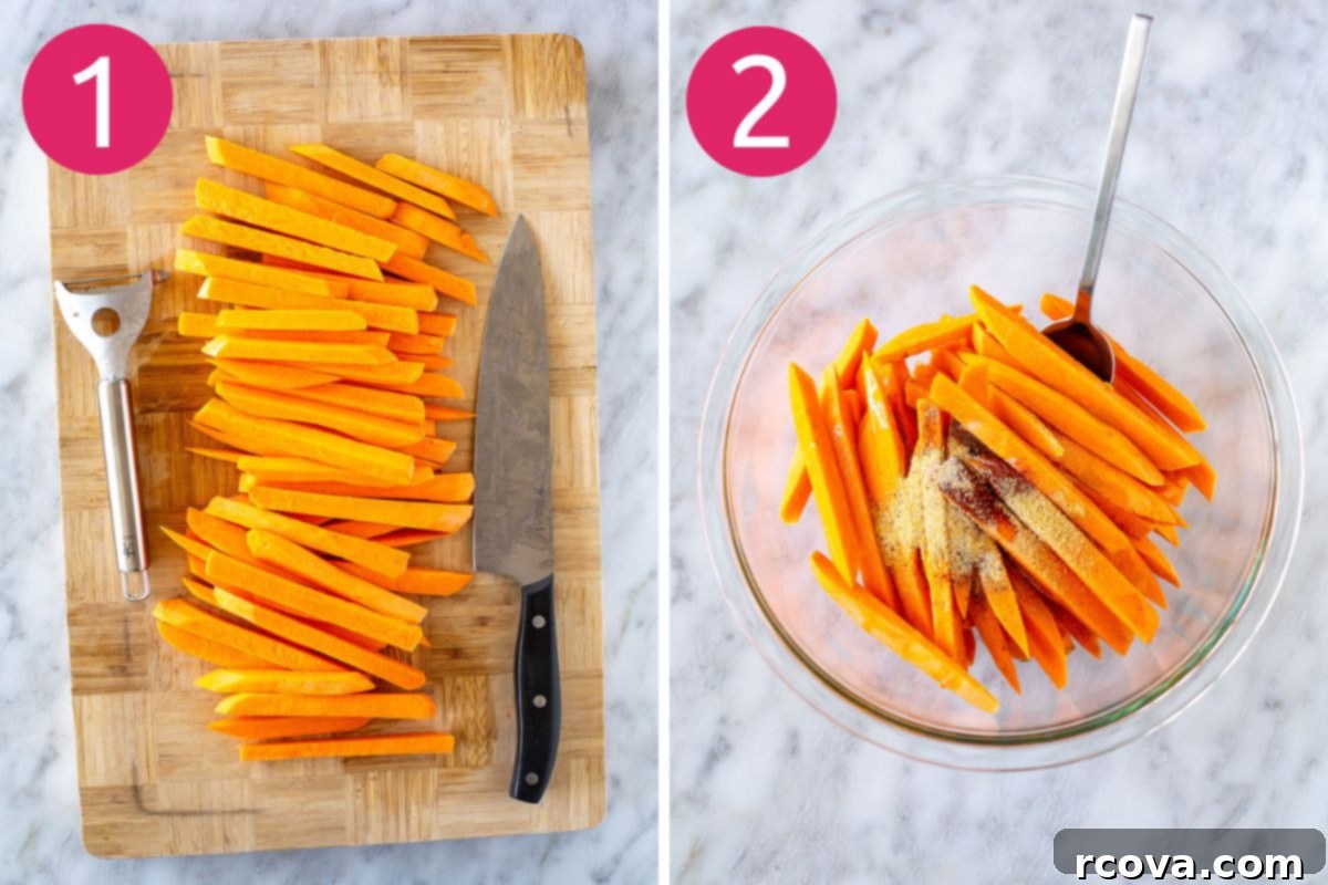 Guilt-Free Air Fryer Sweet Potato Gold 5 Steps 1 and 2 for making air fryer sweet potato fries: cutting the potatoes and seasoning them