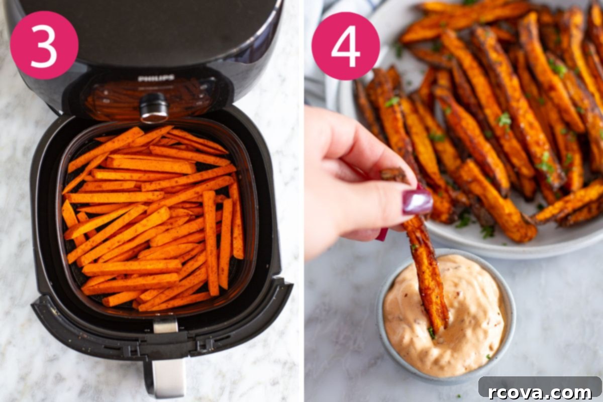 Guilt-Free Air Fryer Sweet Potato Gold 6 Steps 3 and 4 for making air fryer sweet potato fries: cooking in the air fryer and preparing the dipping sauce