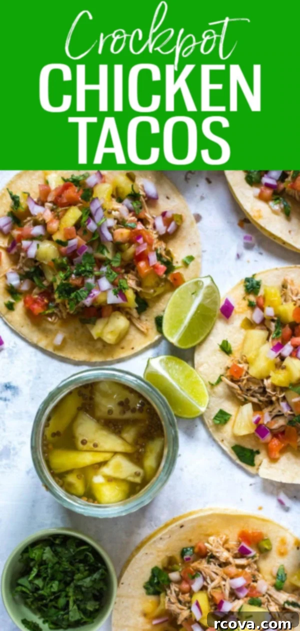 Tropical Crockpot Chicken Tacos with Pineapple Salsa 11 Versatile slow cooker chicken tacos with pineapple salsa – perfect for burrito bowls, salads, and quick dinners
