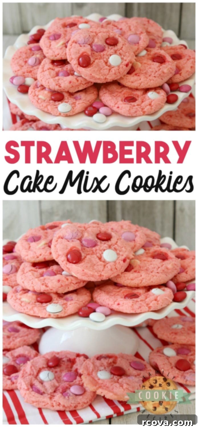 Strawberry Cloud Cookies 5 Strawberry Cake Mix Cookies are soft & sweet and made with just 4 ingredients! Super simple to make these cute, festive cake mix cookies. The strawberry flavor is just perfect. #cookies #strawberry #cakemix #recipe #baking #dessert #food