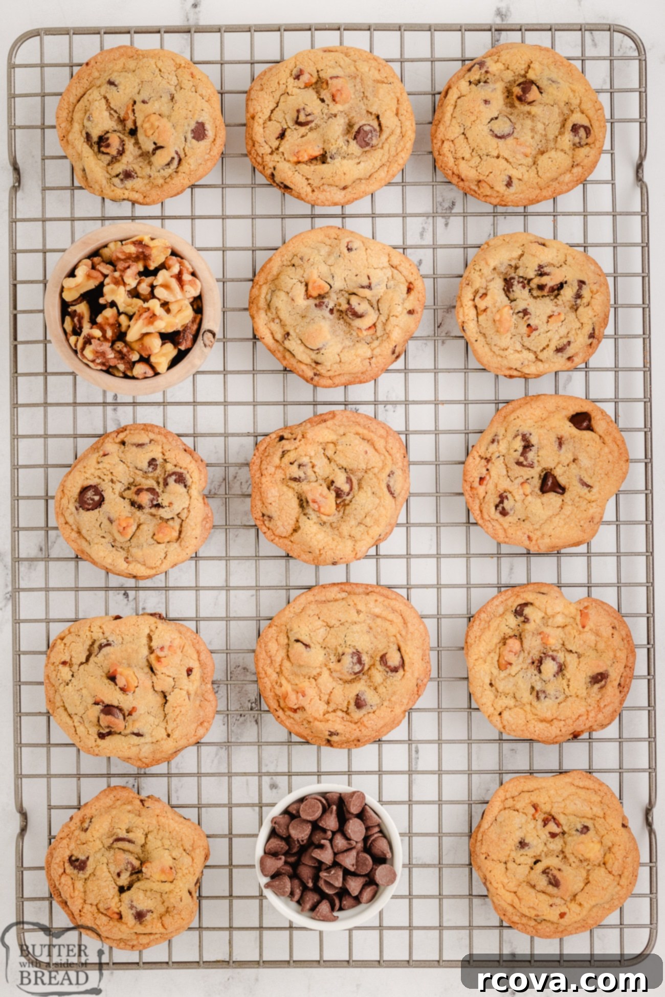 Toasted Walnut Chocolate Chip Delights 5 toasted walnut chocolate chip cookies on a cooling rack