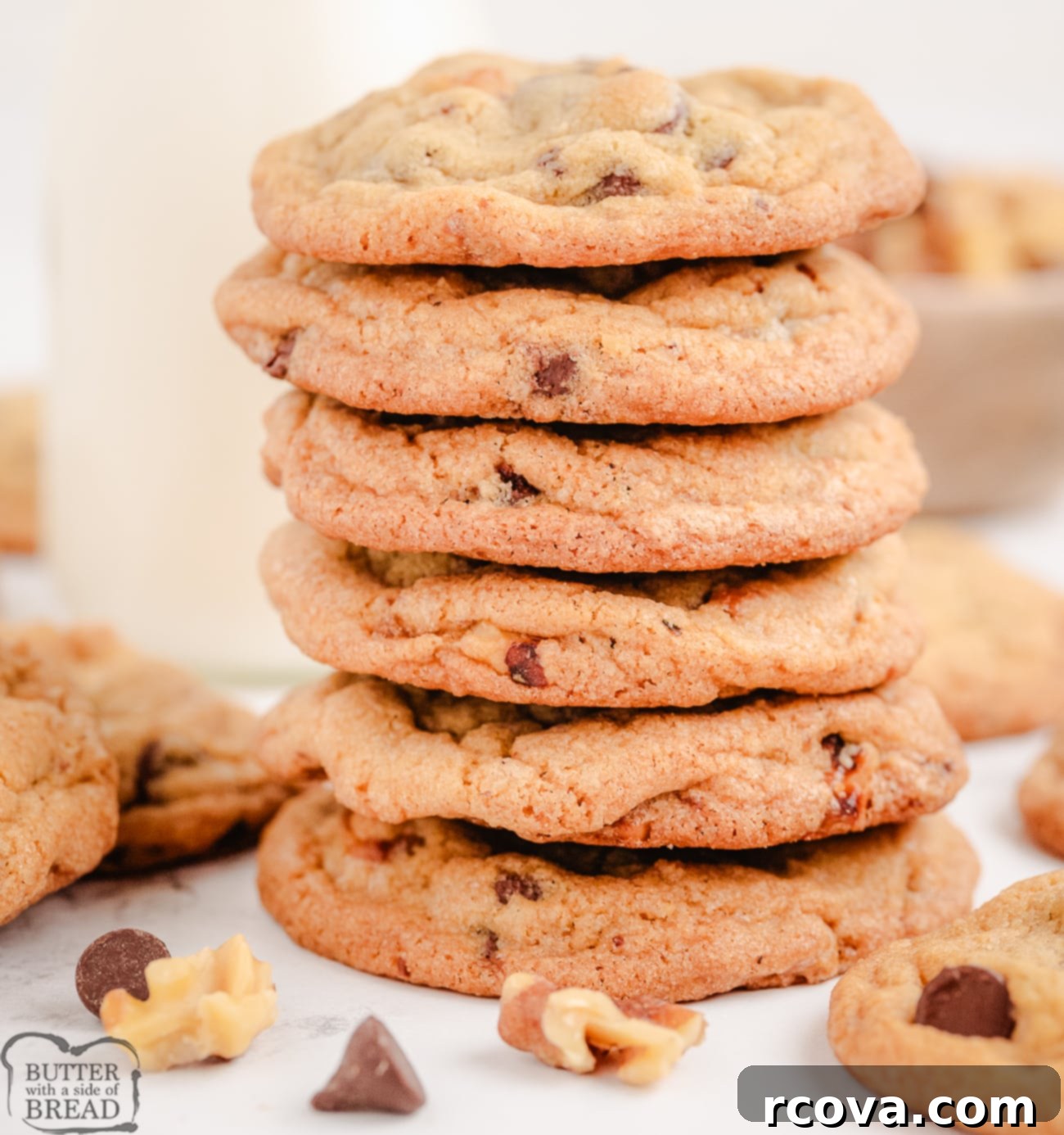 Toasted Walnut Chocolate Chip Delights 7 stack of toasted walnut chocolate chip cookies