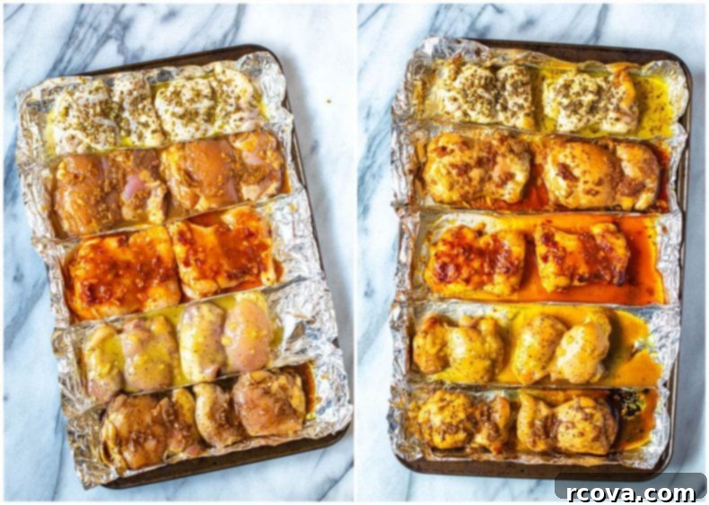 Unlock Flavor: 8 Must-Try Chicken Marinades 4 Delicious Chicken Thigh Marinades - 5 Ways. Image 1: raw thighs on a foil lined baking sheet. Image 2: cooked thighs on the foil lined sheet.