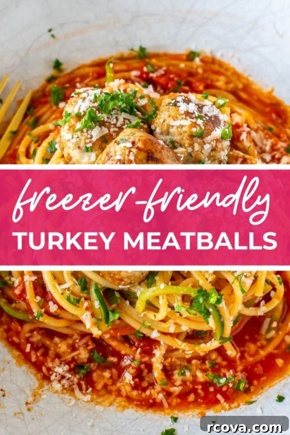 Effortless Oven Baked Turkey Meatballs 11 Turkey meatballs served over pasta, with text that says 'Freezer-Friendly Turkey Meatballs'.