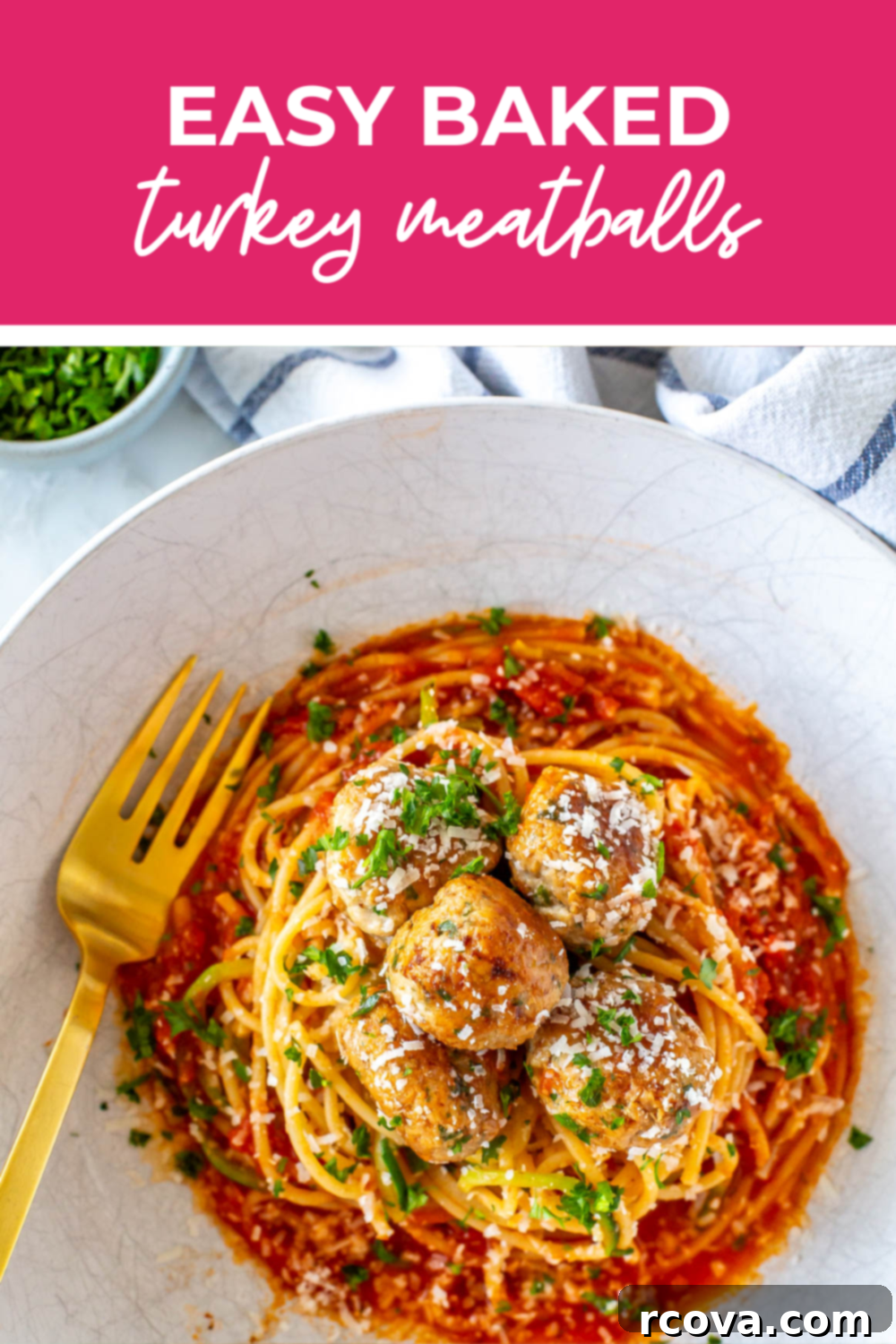 Effortless Oven Baked Turkey Meatballs 13 Plated bowl of baked meatballs and spaghetti