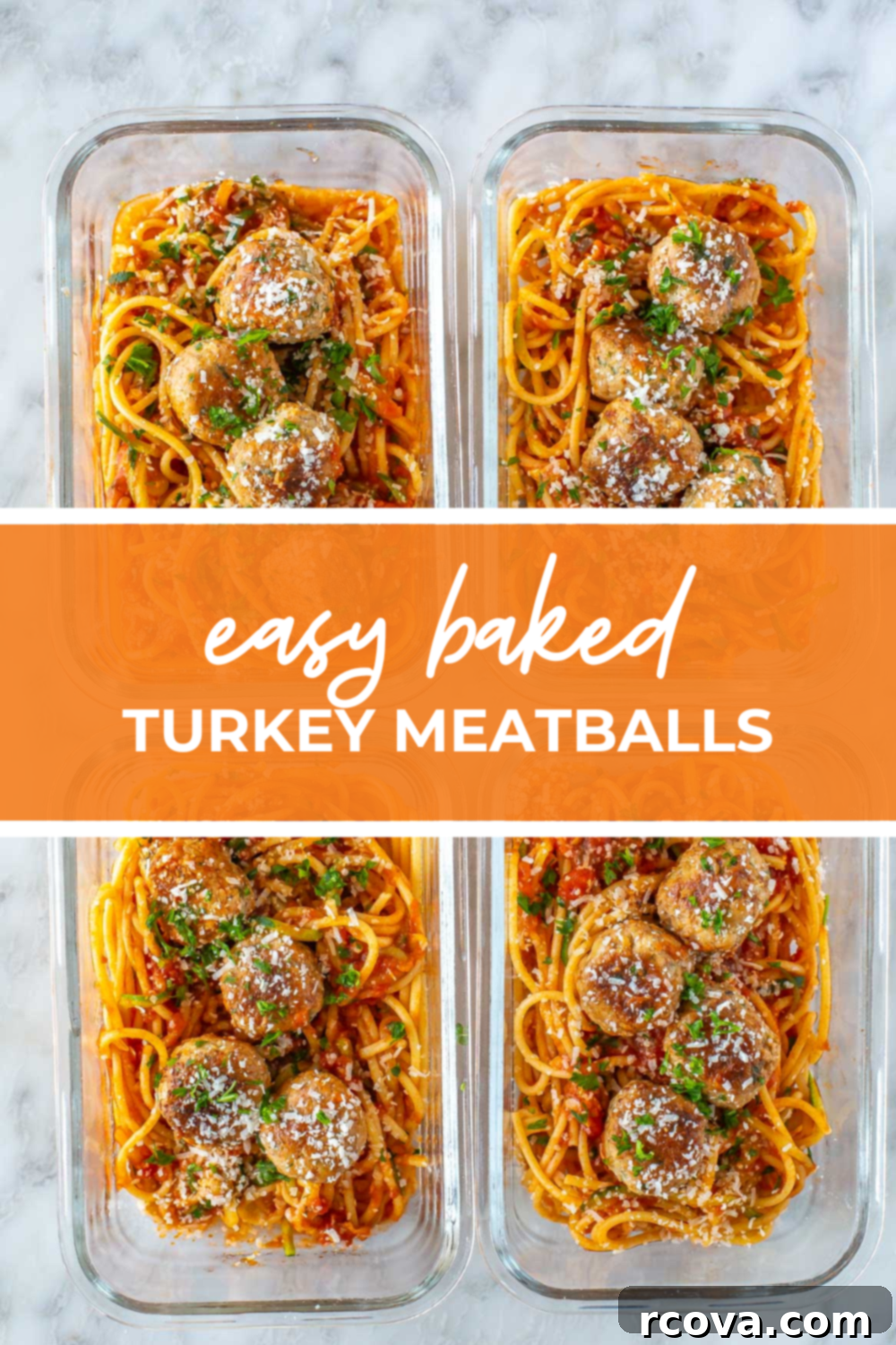 Effortless Oven Baked Turkey Meatballs 14 Four meal-prepped containers of turkey meatballs over spaghetti