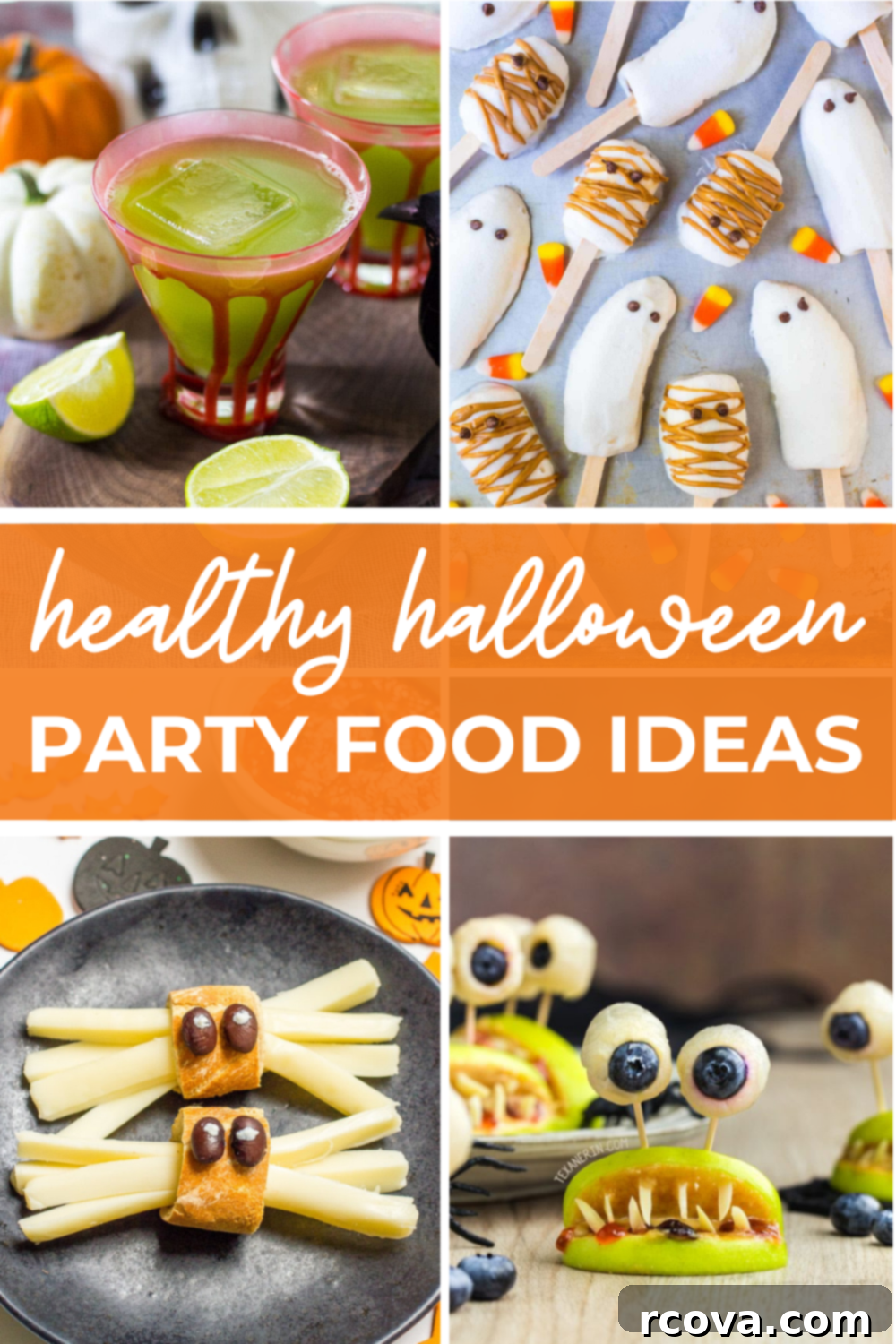Wholesome Haunts: Healthy Halloween Feasts 2 Collage of four Halloween recipes, with text that says 'Healthy Halloween Party Food Ideas'