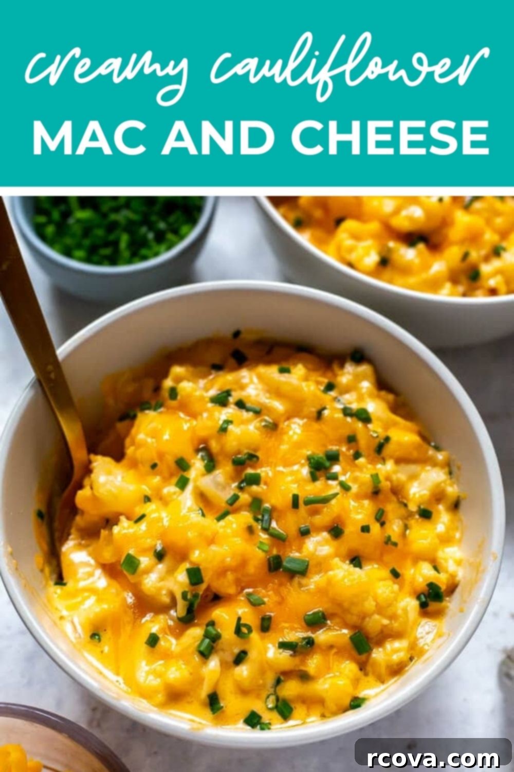 Decadent Low Carb Cauliflower Mac and Cheese 11 A bowl of creamy cauliflower mac and cheese, with text saying 'Creamy Cauliflower Mac and Cheese' perfect for a healthy comfort food meal.