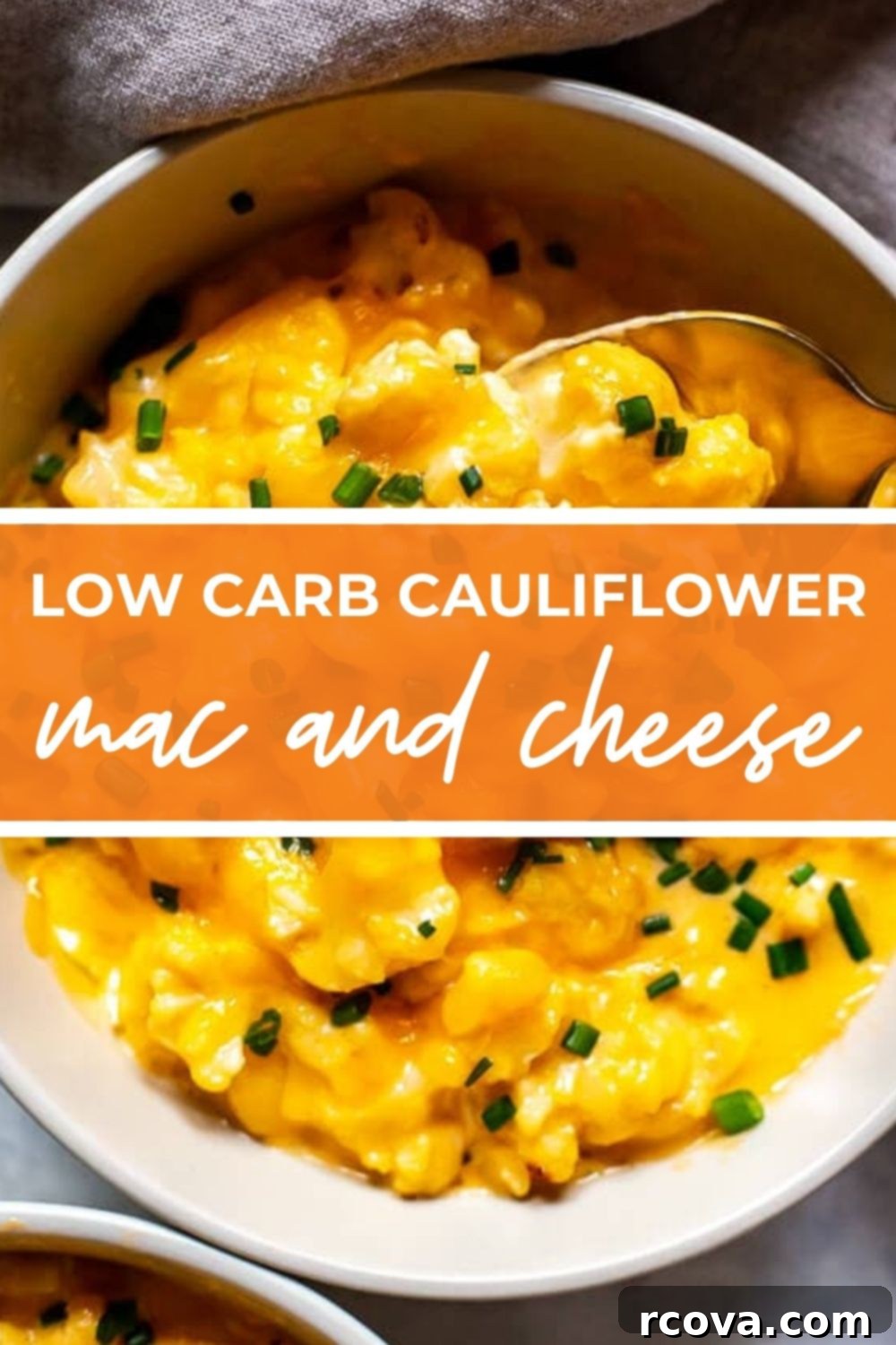Decadent Low Carb Cauliflower Mac and Cheese 12 Overhead shot of a bowl of delicious Low Carb Cauliflower Mac and Cheese, ideal for keto and healthy eating, with text overlay.