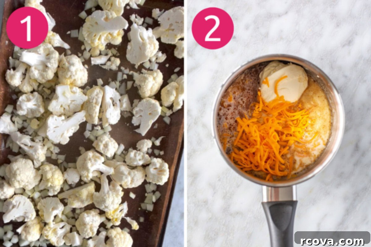 Decadent Low Carb Cauliflower Mac and Cheese 5 Visual steps 1 and 2 for making cauliflower mac and cheese: Roasted cauliflower and onions on a baking sheet, and ingredients for the cheese sauce being whisked in a saucepan.