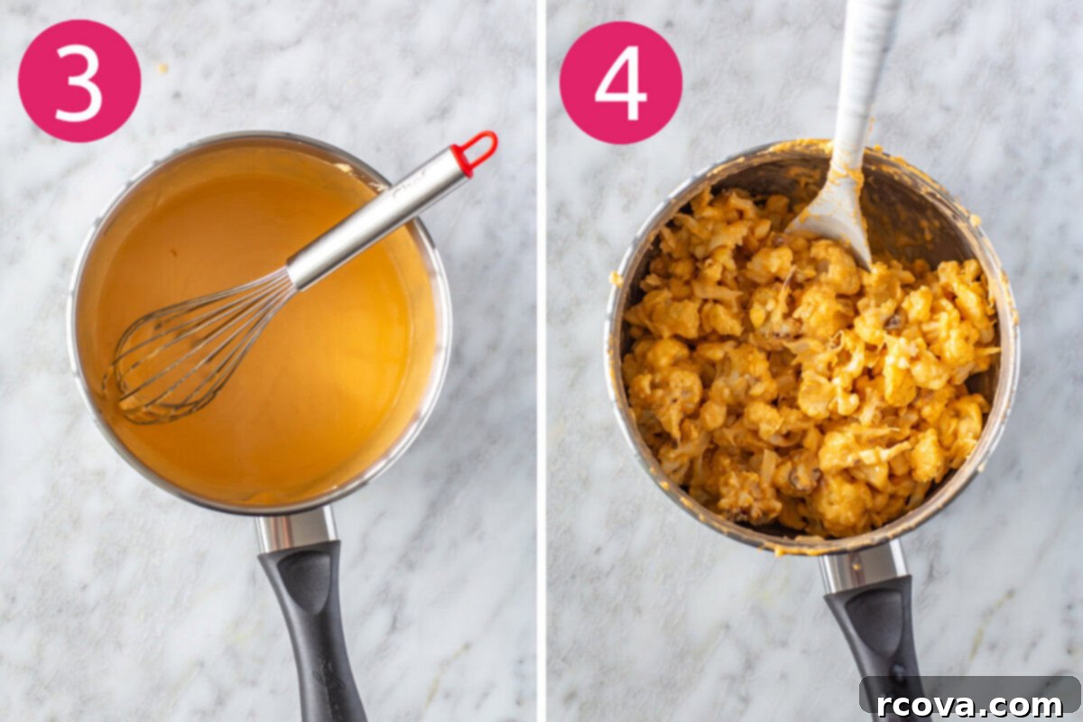Decadent Low Carb Cauliflower Mac and Cheese 6 Visual steps 3 and 4 for making cauliflower mac and cheese: The creamy cheese sauce simmering in a saucepan, and roasted cauliflower being tossed into the sauce.