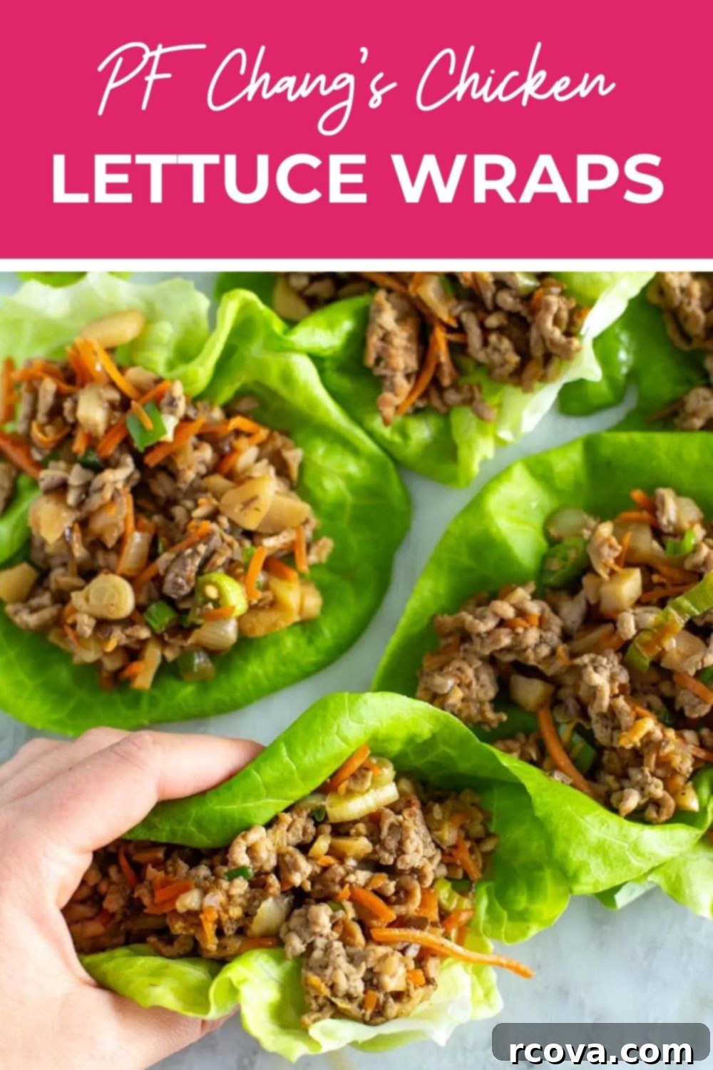 PF Chang's Chicken Lettuce Wraps Just Like The Restaurant 10 Hand holding an assembled chicken lettuce wrap, with text that says 'PF Chang's Chicken Lettuce Wraps'