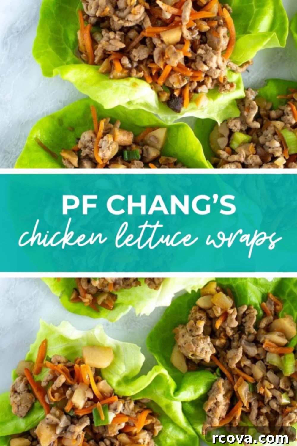 PF Chang's Chicken Lettuce Wraps Just Like The Restaurant 11 Overhead shot of assembled chicken lettuce wraps with text that says 'PF Chang's Chicken Lettuce Wraps'