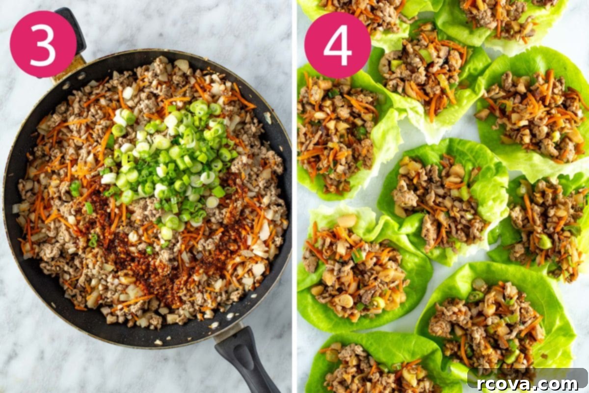 PF Chang's Chicken Lettuce Wraps Just Like The Restaurant 6 Steps 3 and 4 for making PF Chang's lettuce wraps, showing sauce and green onions added to the skillet, and then assembled wraps