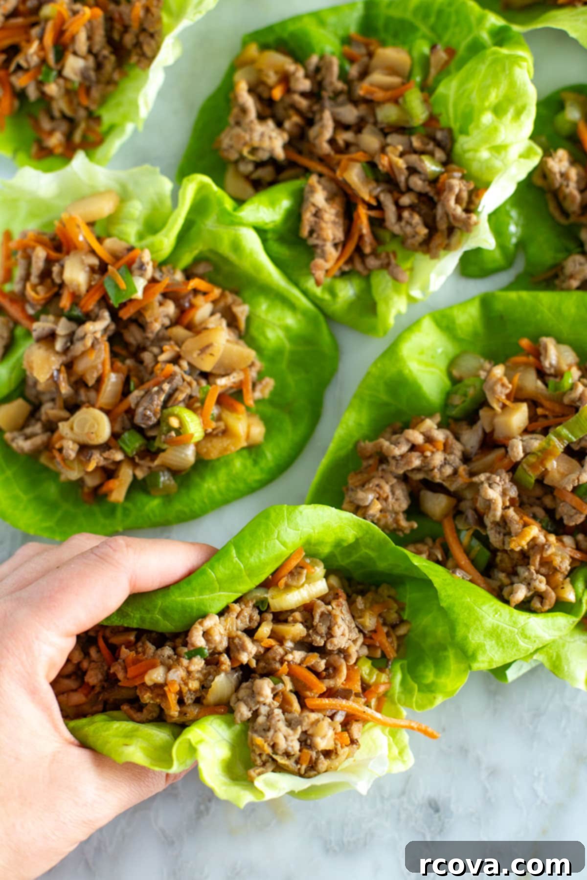 PF Chang's Chicken Lettuce Wraps Just Like The Restaurant 7 Hand holding an assembled PF Chang's lettuce wrap, ready to eat