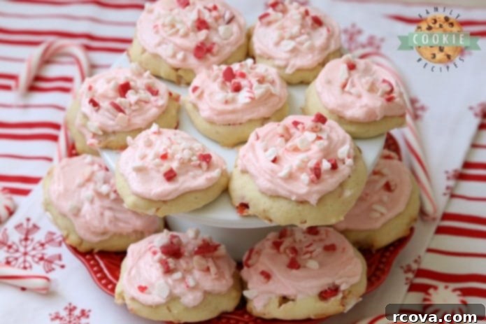 Icy Mint Cookies 2 Frosted Peppermint Cookies are soft, pillowy cookies baked with peppermint candy and topped with peppermint vanilla buttercream and candy cane pieces.