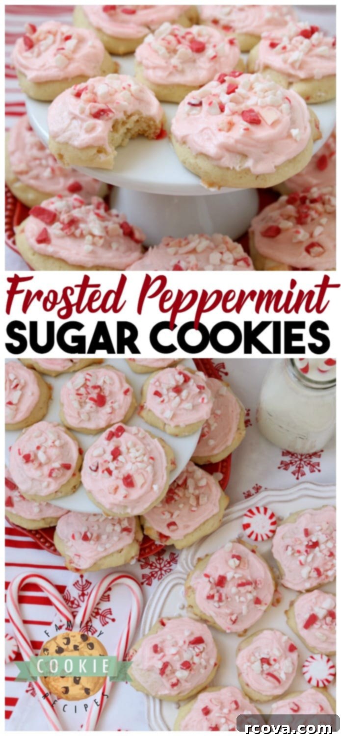 Icy Mint Cookies 5 Frosted Peppermint Cookies are soft, pillowy cookies baked with peppermint candy and topped with peppermint vanilla buttercream and candy cane pieces. #peppermint #frosting #cookies #cookie #Christmas #holidays #recipe #cookieexchange #candycanes Recipe from FAMILY COOKIE RECIPES