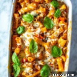 Quick & Cheesy Chicken Pasta Bake 11 Chicken pasta bake in a a large casserole dish.