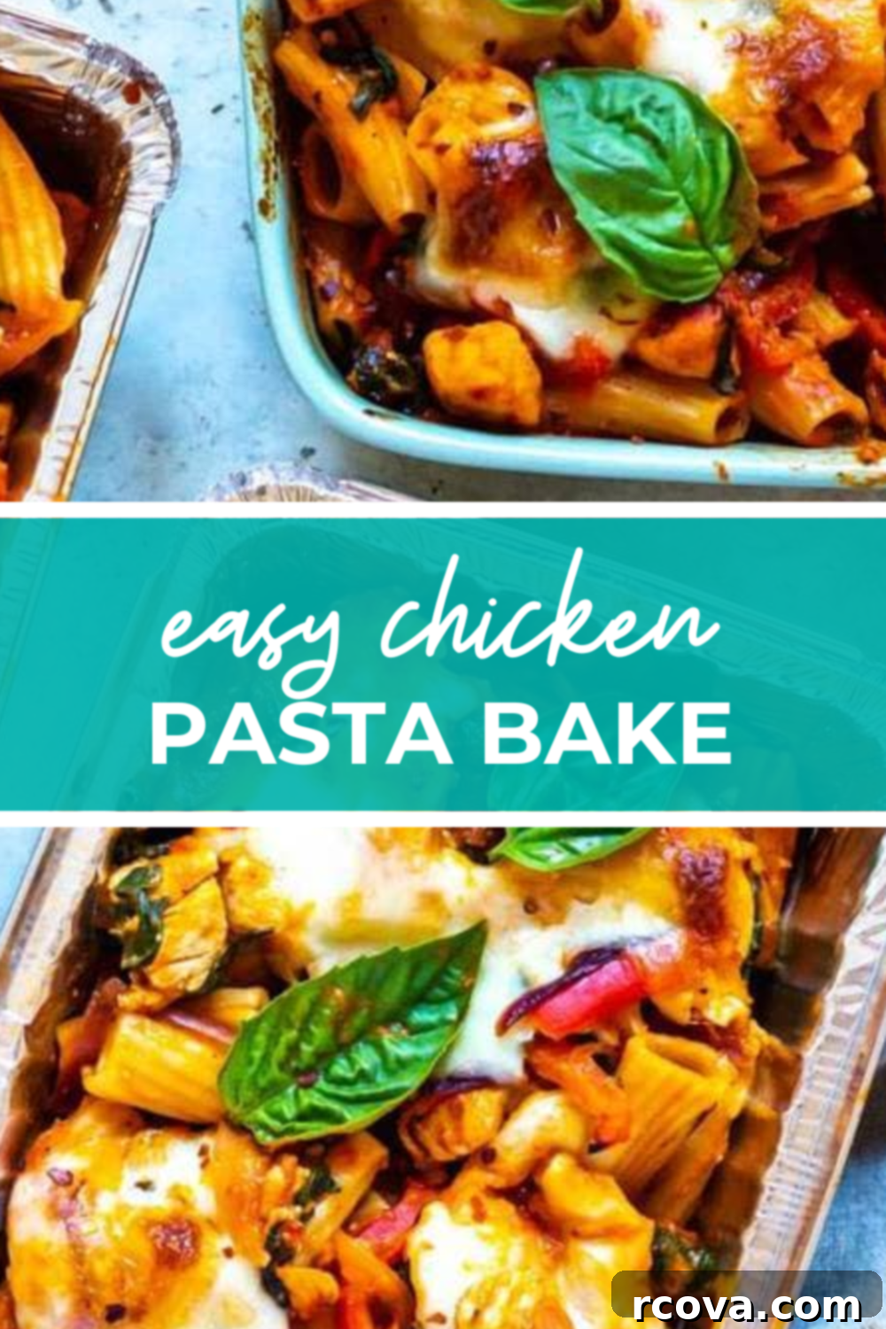 Quick & Cheesy Chicken Pasta Bake 13 Overhead shot of plated dish with green banner in the middle - reading "easy chicken pasta bake"