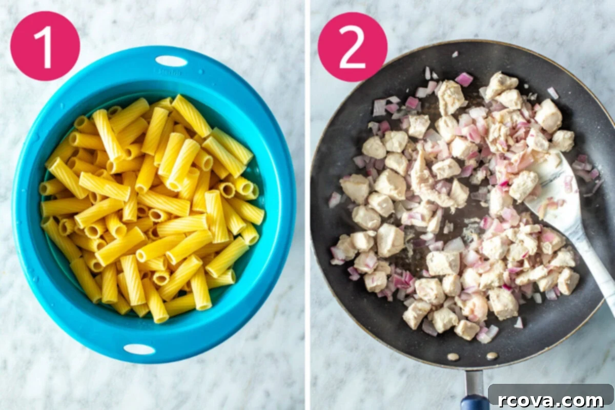 Quick & Cheesy Chicken Pasta Bake 5 Steps 1 and 2 for making chicken pasta bake: Cook the pasta then cook the chicken.