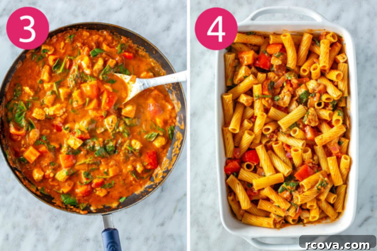 Quick & Cheesy Chicken Pasta Bake 6 Steps 3 and 4 for making chicken pasta bake: Make the sauce and add everything to the baking dish.