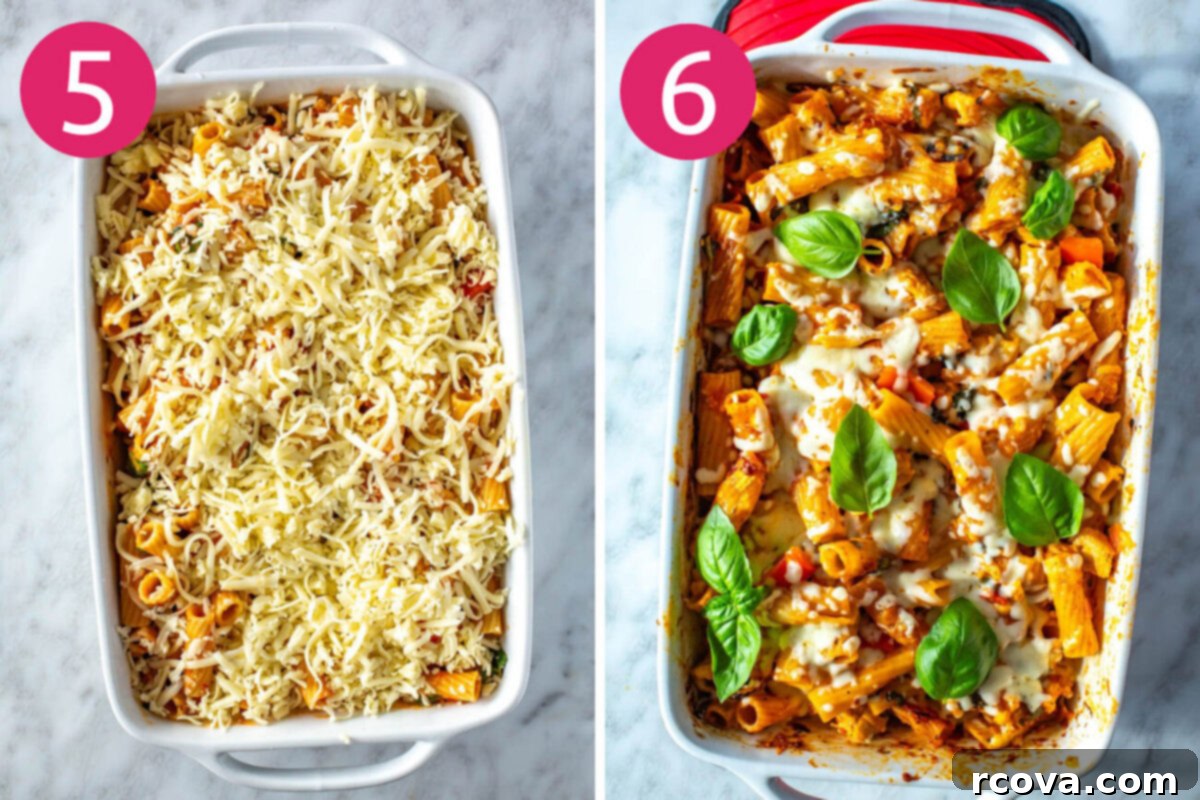 Quick & Cheesy Chicken Pasta Bake 7 Steps 5 and 6 for making chicken pasta bake: Top with mozzarella then bake.
