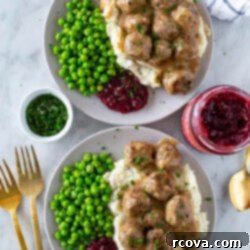 IKEA's Signature Meatballs Slow Cooked 11 Two plates of Swedish meatballs with mashed potatoes and green peas on the side, an authentic IKEA-style meal.