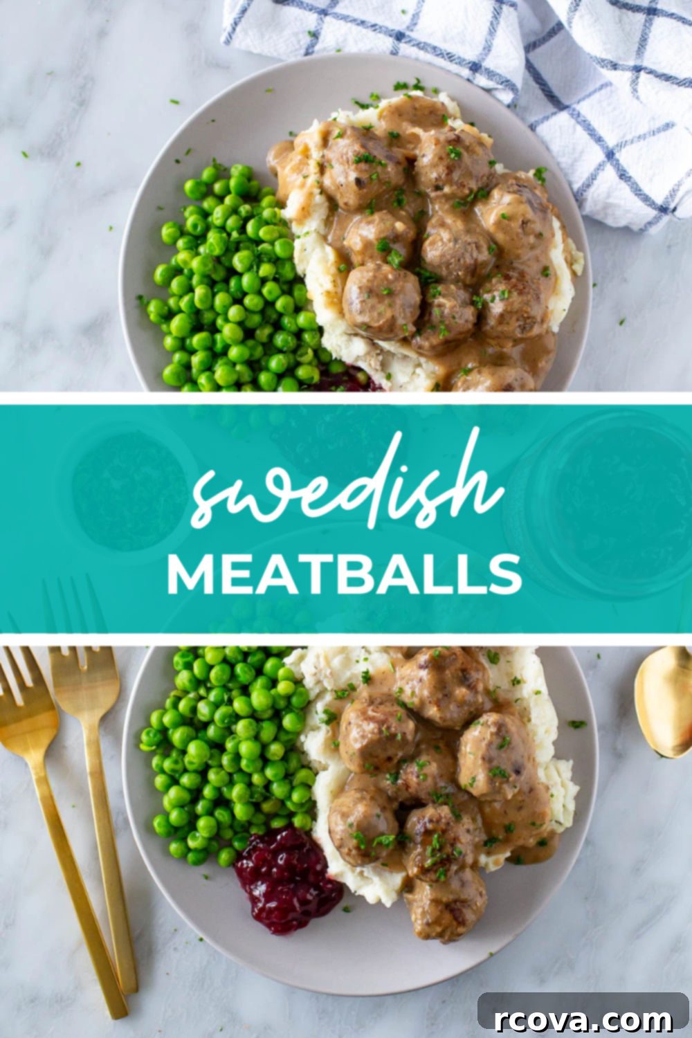 IKEA's Signature Meatballs Slow Cooked 12 Overhead shot of a plated Swedish meatballs dish with a green banner in the middle, reading "Swedish Meatballs" for a visual recipe highlight.