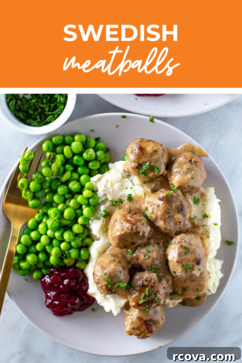 IKEA's Signature Meatballs Slow Cooked 13 Overhead shot of a plated Swedish meatballs dish with an orange banner on the top, reading "Swedish Meatballs" for a striking recipe visual.