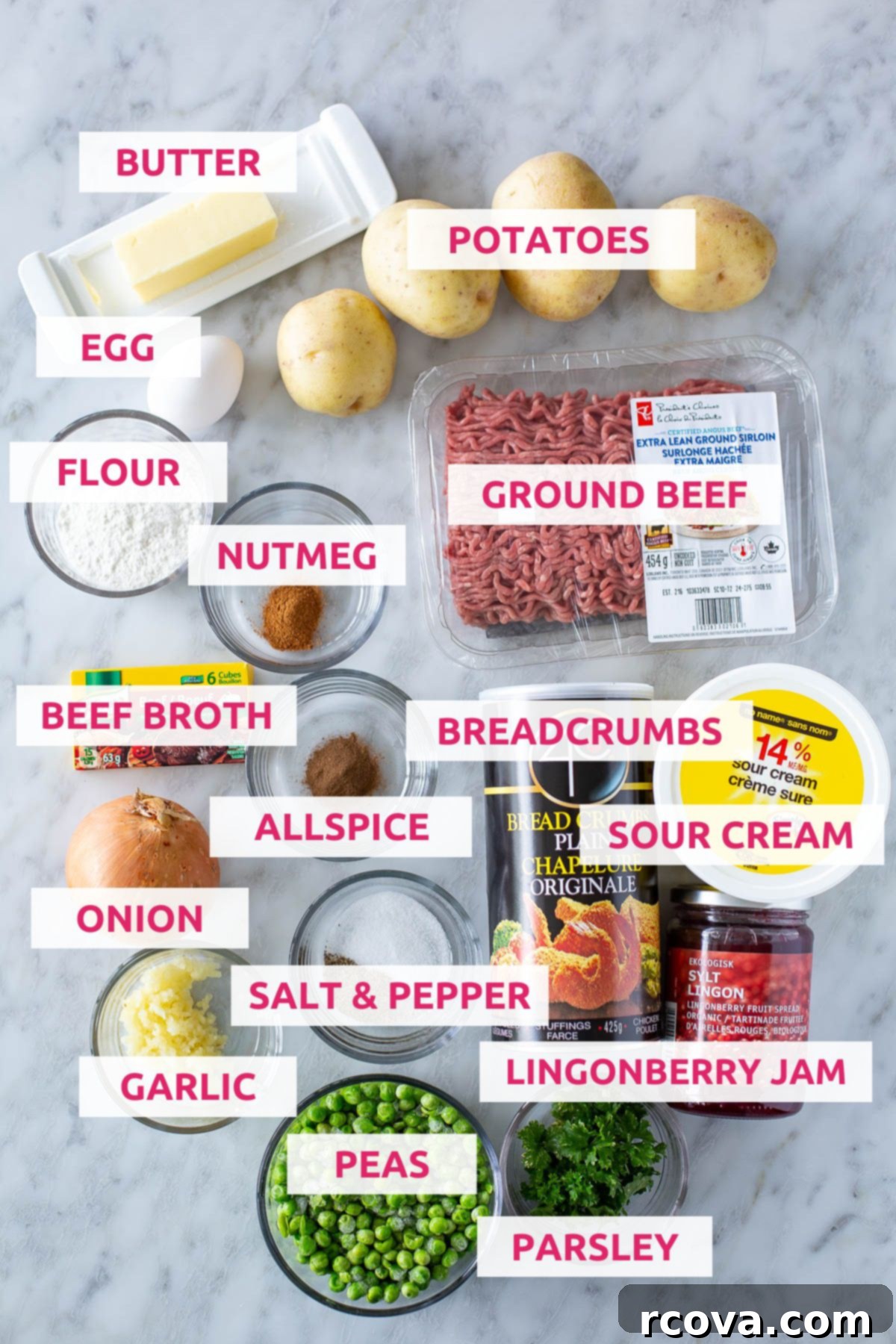 IKEA's Signature Meatballs Slow Cooked 4 Assortment of fresh ingredients for Swedish meatballs: butter, potatoes, egg, flour, nutmeg, ground beef, beef broth, allspice, breadcrumbs, sour cream, onion, salt & pepper, garlic, parsley, peas, and lingonberry jam.