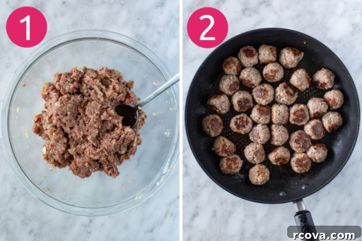 IKEA's Signature Meatballs Slow Cooked 5 Visual steps 1 and 2 for preparing Swedish meatballs: mixing ingredients for meatballs and browning them in a skillet.
