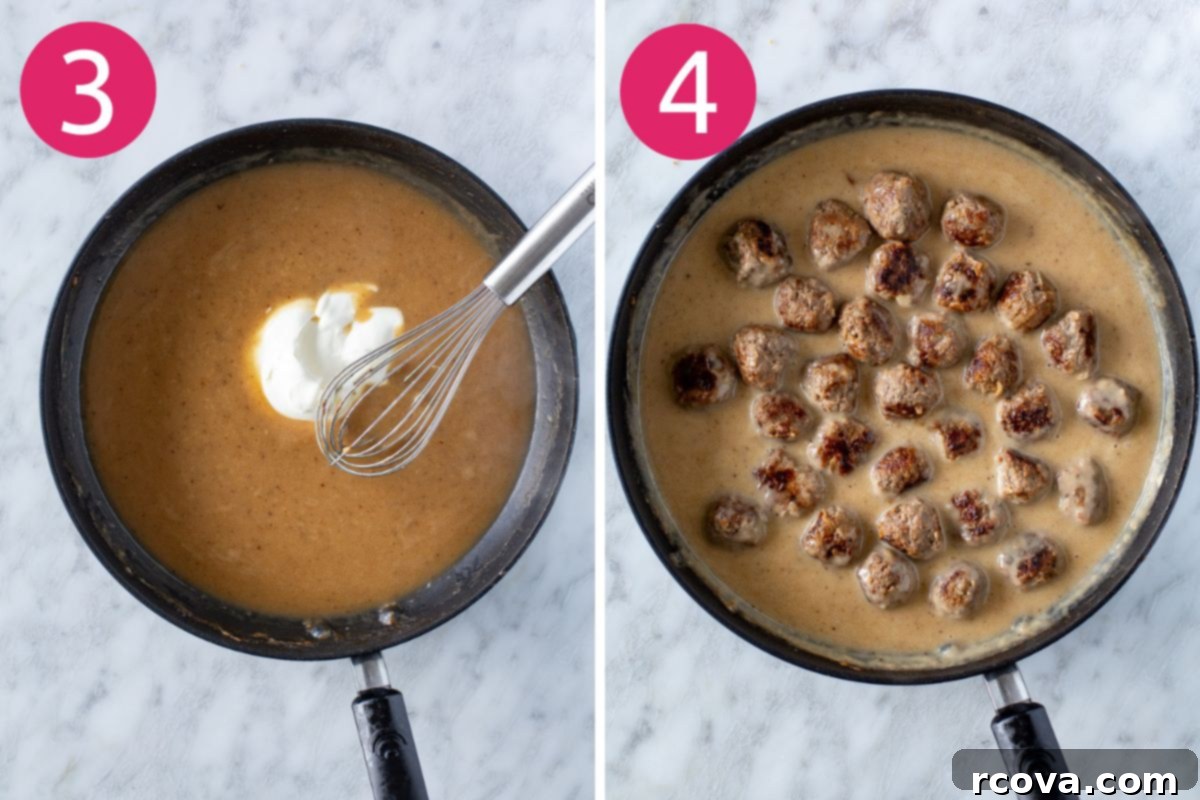 IKEA's Signature Meatballs Slow Cooked 6 Visual steps 3 and 4 for making Swedish meatballs: preparing the creamy gravy and adding the browned meatballs to the sauce.