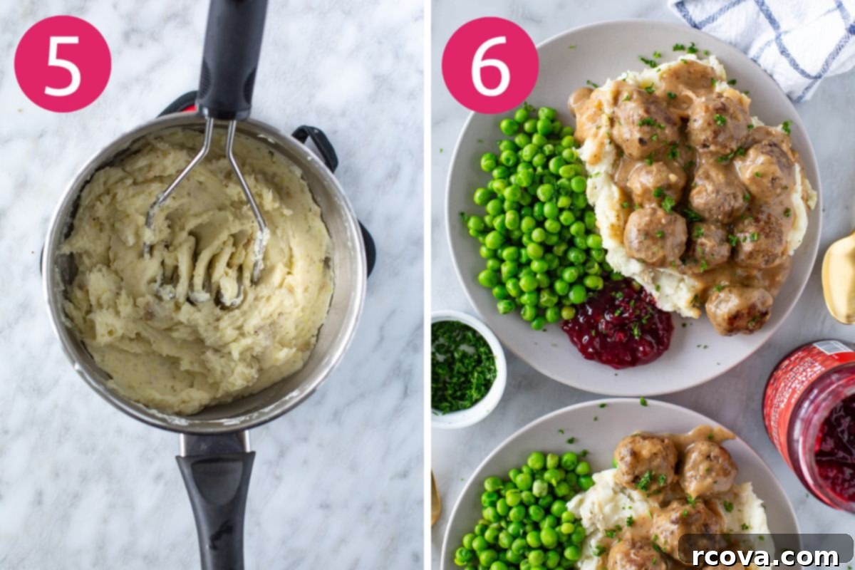 IKEA's Signature Meatballs Slow Cooked 7 Visual steps 5 and 6 for finishing Swedish meatballs: preparing mashed potatoes and heating peas for serving.