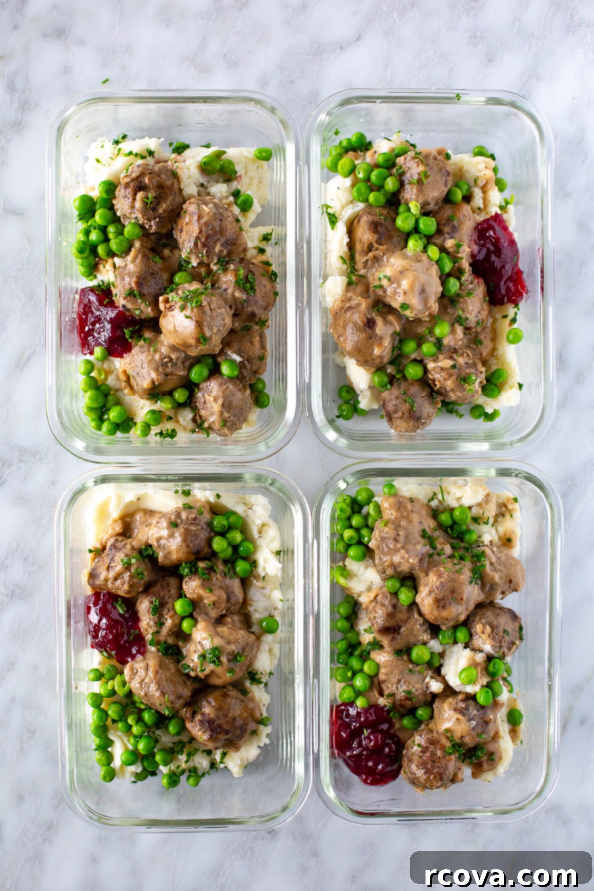 IKEA's Signature Meatballs Slow Cooked 10 Portioned Swedish meatballs and mashed potatoes in glass meal prep containers, ready for storage.