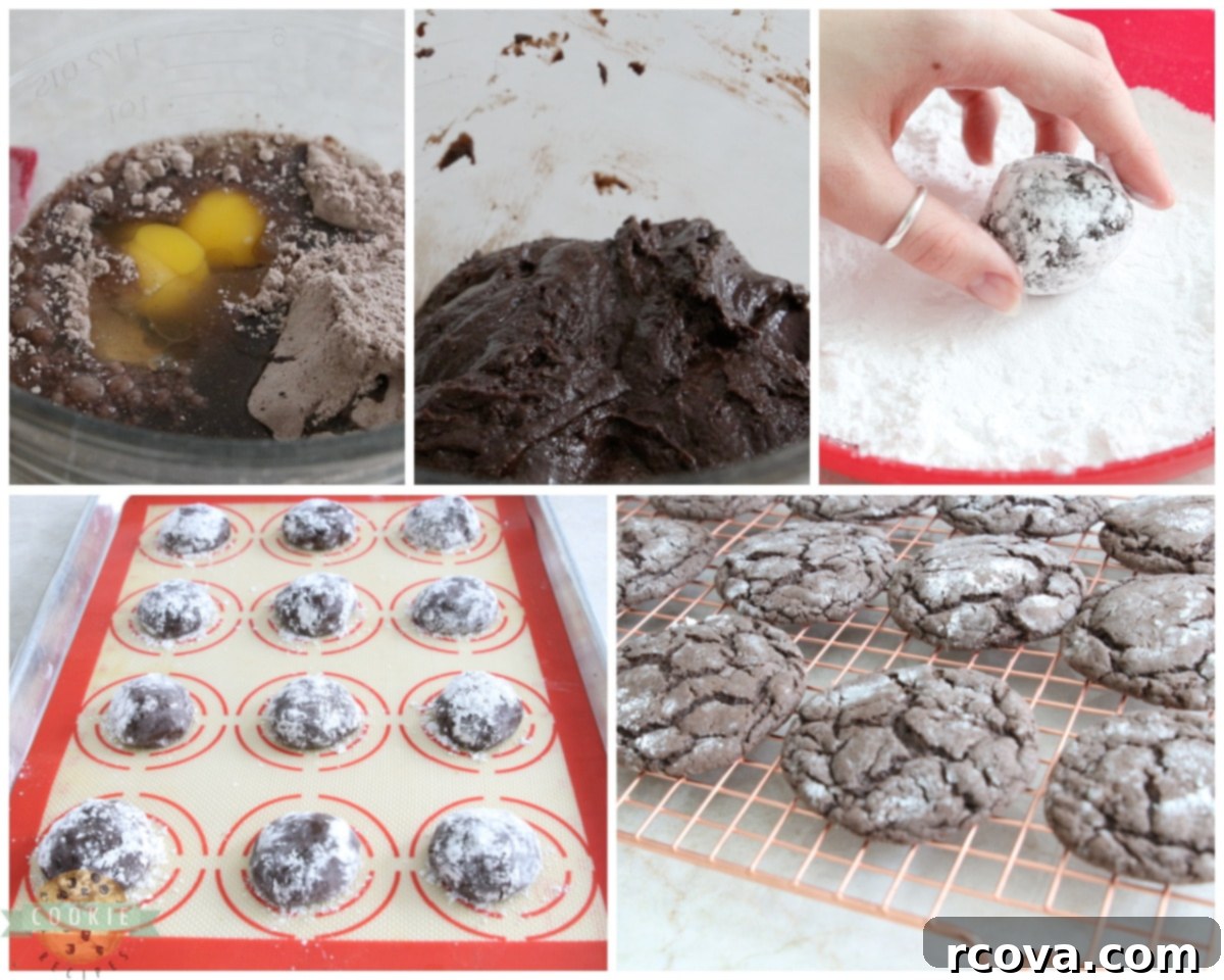 Festive Cocoa Crinkles 4 Step-by-step process of making spiced chocolate crinkle cake mix cookies, showing ingredients and dough preparation.