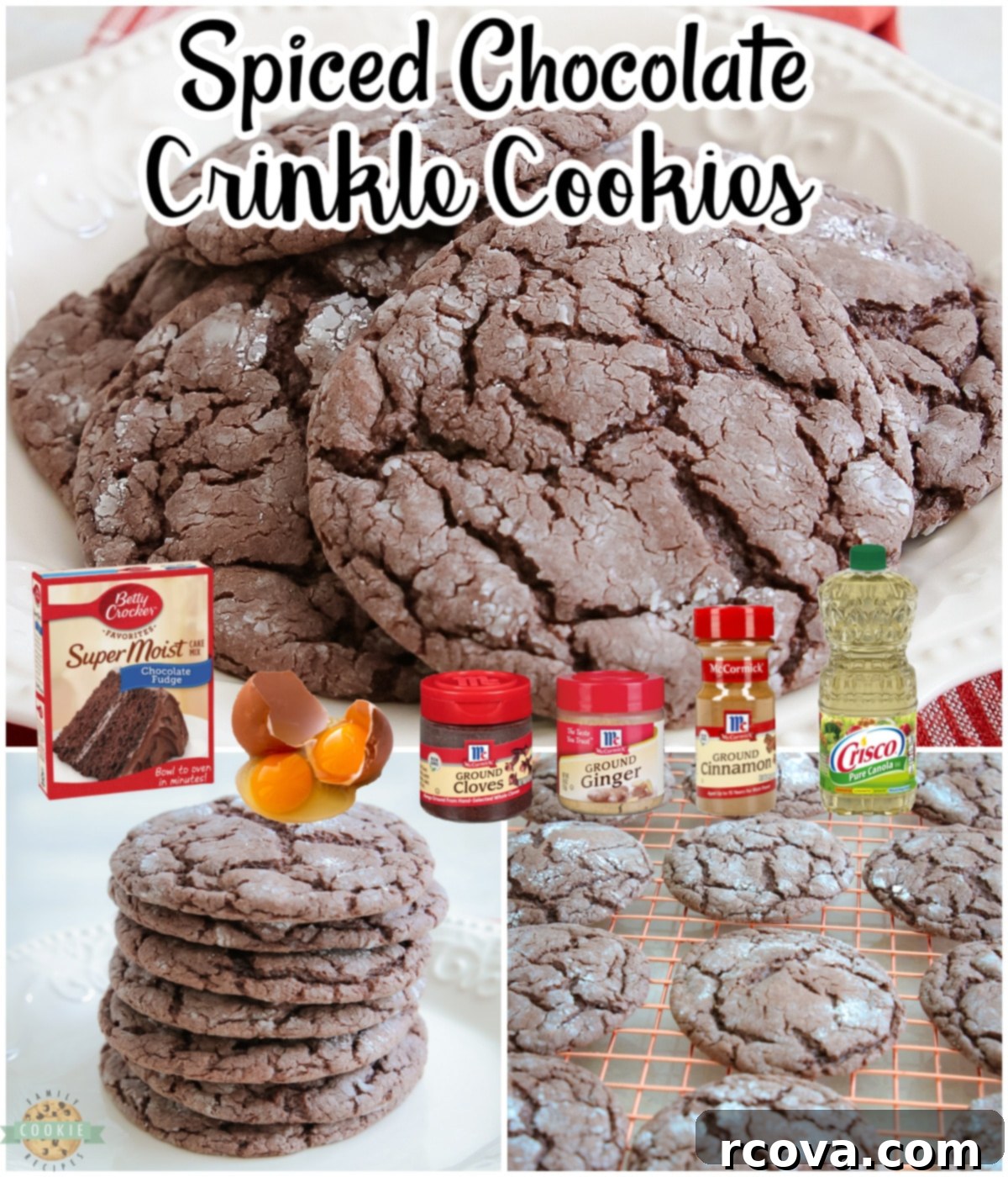 Festive Cocoa Crinkles 7 Spiced Chocolate Crinkle Cookies: A delicious chewy cookie with fabulous flavor made from a cake mix, ginger, cinnamon, and cloves.