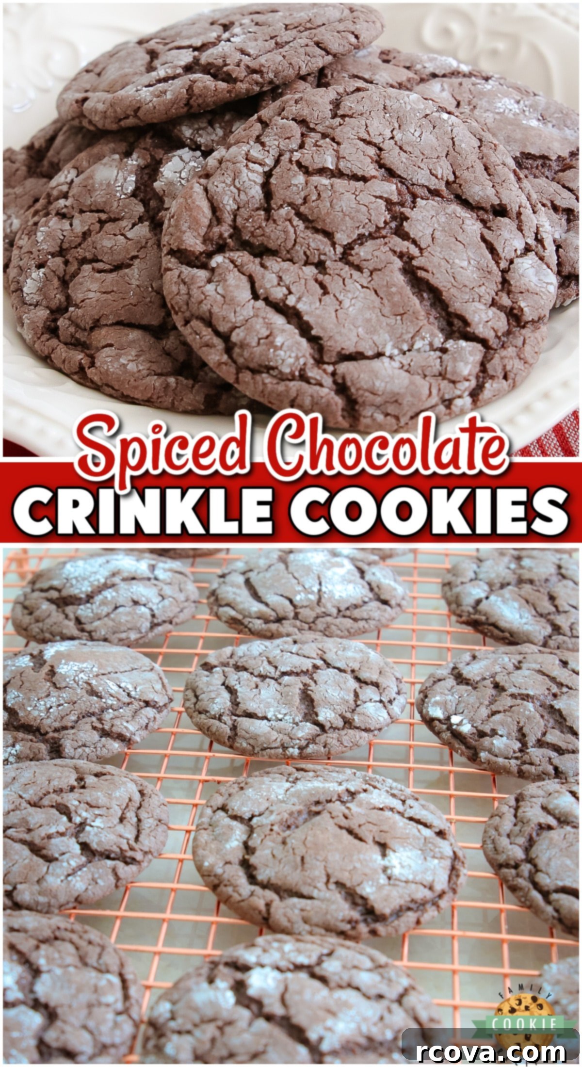 Festive Cocoa Crinkles 8 A tantalizing close-up of Spiced Chocolate Crinkle Cookies, highlighting their rich chocolate base and festive powdered sugar cracks, a perfect blend of ginger, cinnamon, and cloves.