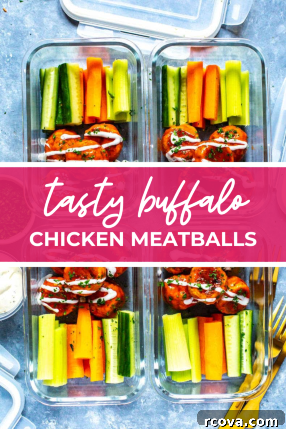 Lean Buffalo Chicken Meatballs 10 Overhead shot of meal prepped buffalo chicken meatballs with a pink banner and white text reading "tasty buffalo chicken meatballs" along with fresh celery and carrot sticks