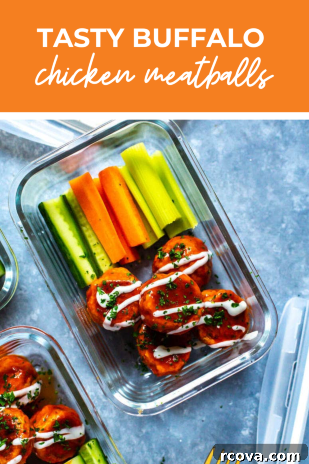 Lean Buffalo Chicken Meatballs 11 Overhead shot of meal prepped buffalo chicken meatballs with an orange banner and white text reading "tasty buffalo chicken meatballs" alongside crunchy veggie sticks and a creamy dip.