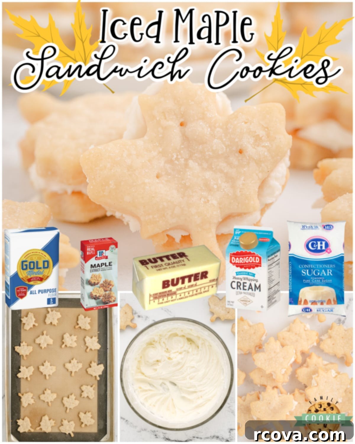 Golden Maple Sandwich Delights 6 Maple Sandwich Cookies are simple buttery cookies rolled & cut with maple leaf cookie cutters and sandwiched with a silky maple buttercream!
