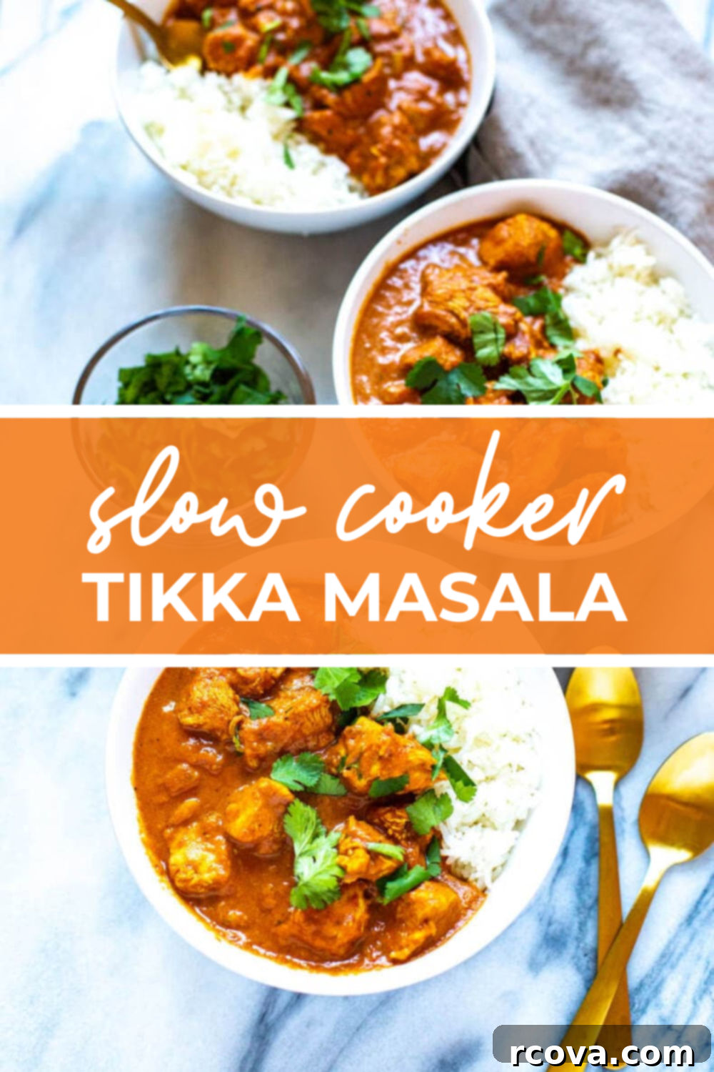 Creamy Slow Cooker Chicken Tikka Masala 7 Three bowls of chicken tikka masala with the text "Slow Cooker Tikka Masala" on top.